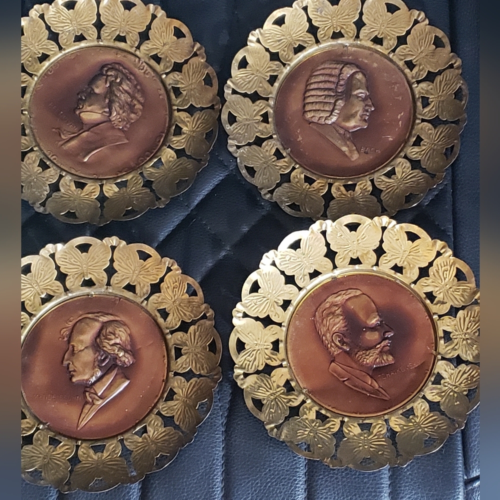 Vintage Set of 4 Classical Composer Cameos Brass Filigree Frames Made in England